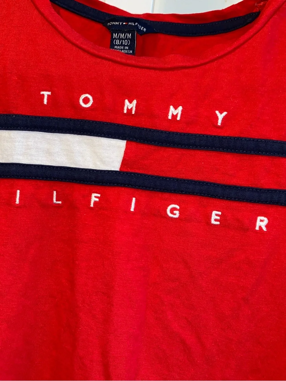 Girls Tommy Hilfiger Red Tee shirt dress with Navy & White Stripe